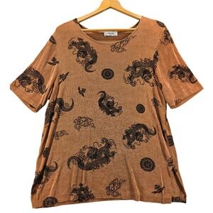 Vtg Y2K Society Womens Orange Dragon Print Short Sleeve Tunic Top Medium